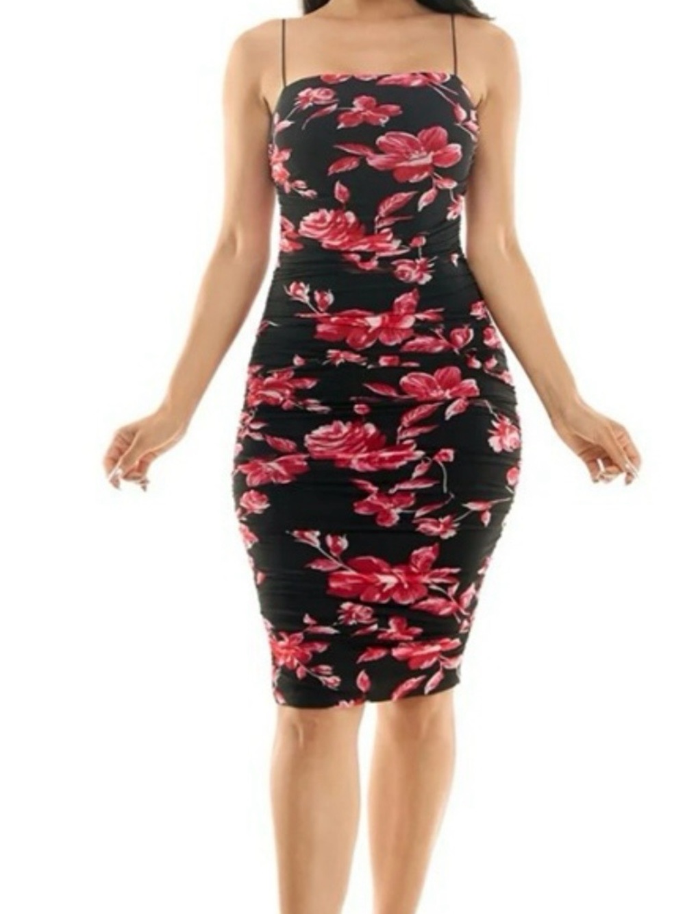 B Darlin Black Midi Dress with Pink Floral Print